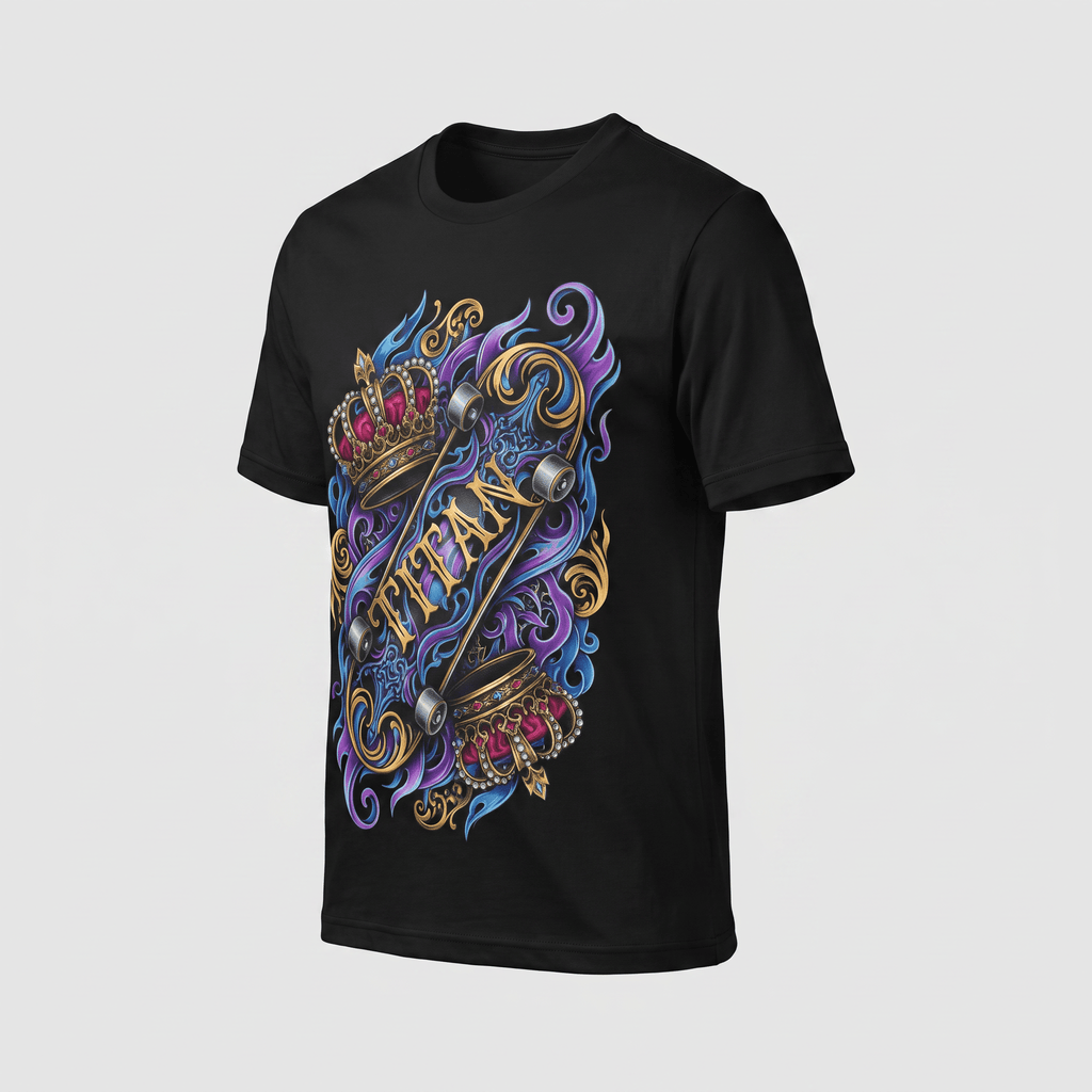 Black t-shirt featuring a colorful graphic design with crowns, purple and blue flames, and the text Titan.