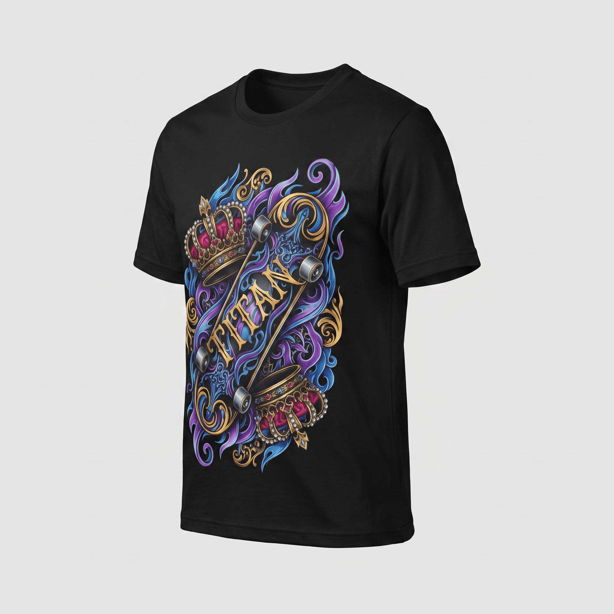Black t-shirt featuring a colorful graphic design with crowns, purple and blue flames, and the text Titan.