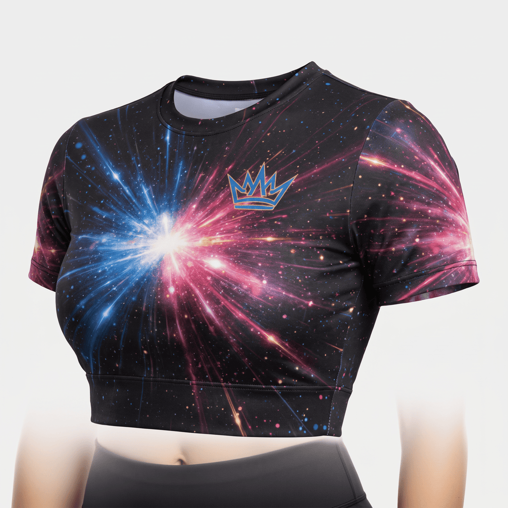 Black crop top with blue and pink cosmic galaxy print and a blue crown logo on the chest.