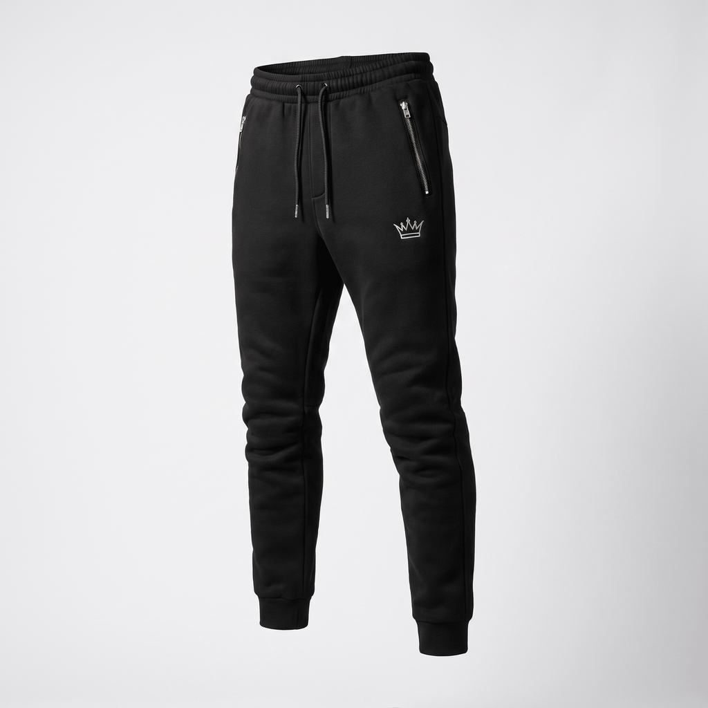 Black athletic joggers with zippered pockets, drawstring waistband, and a white crown logo.