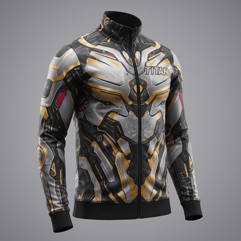 Sci-fi cyber armor track jacket in black, silver, and gold with full-zip front and Titan logo.