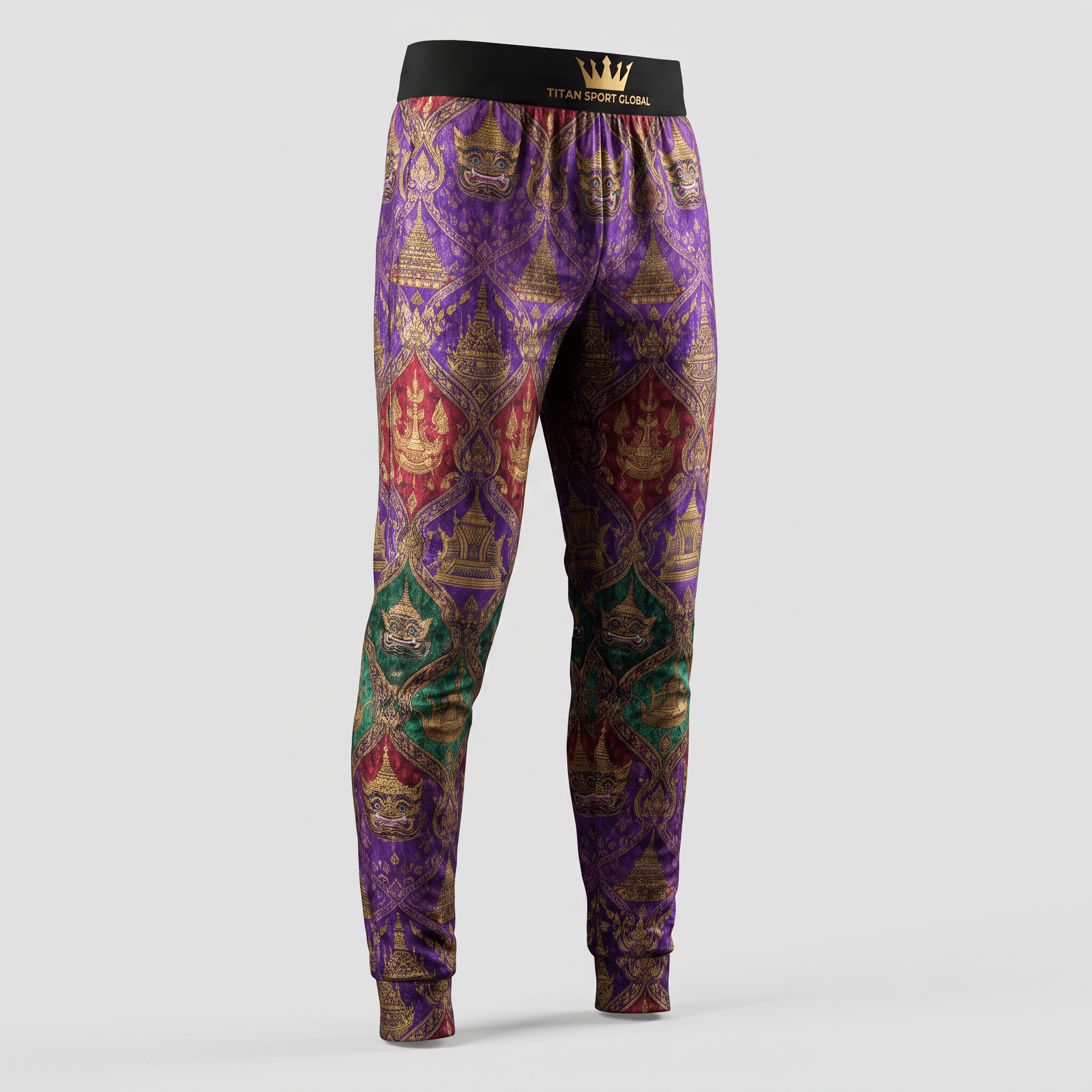 Purple athletic joggers with intricate Thai traditional patterns, golden temple motifs, and a black waistband.