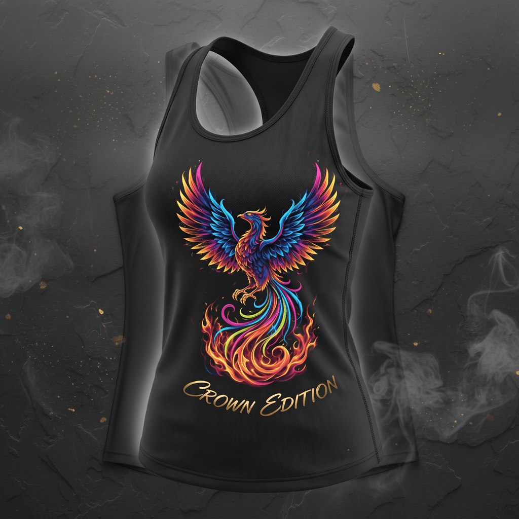 Black racerback tank top featuring a colorful phoenix graphic and Crown Edition text on a dark textured background.
