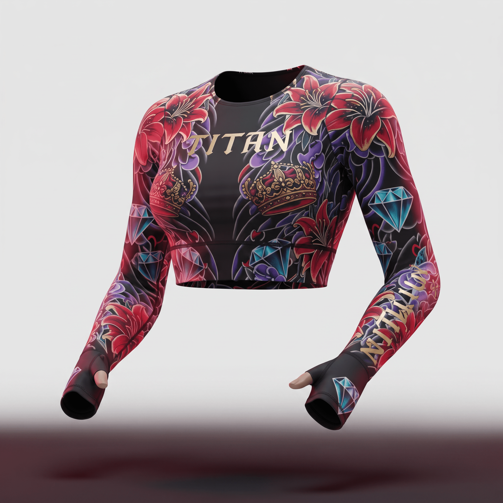 Titan long sleeve crop top with red lilies, gold crowns, and blue diamonds on a black background.