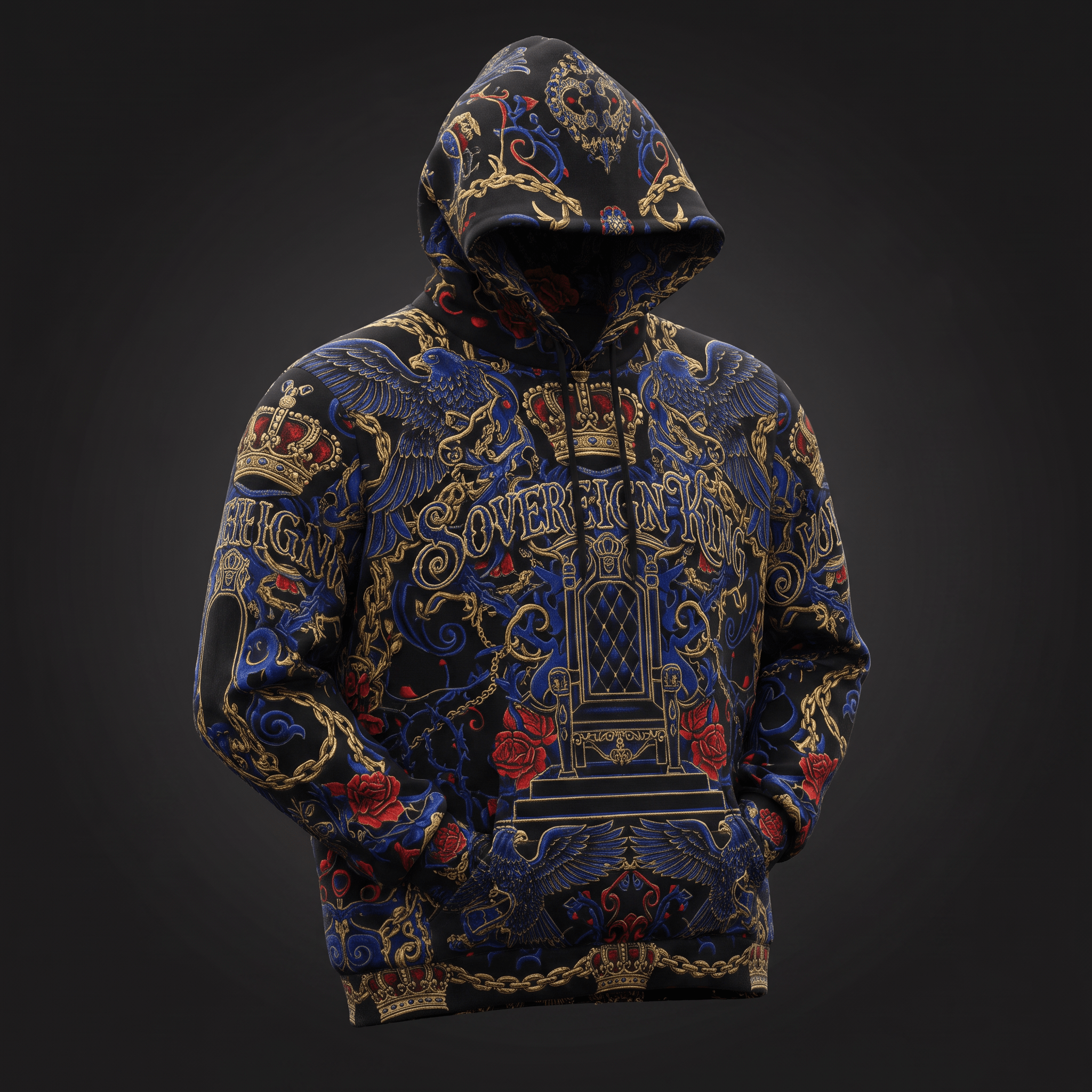 Black Sovereign King hoodie with ornate gold, blue, and red baroque print featuring thrones and crowns.