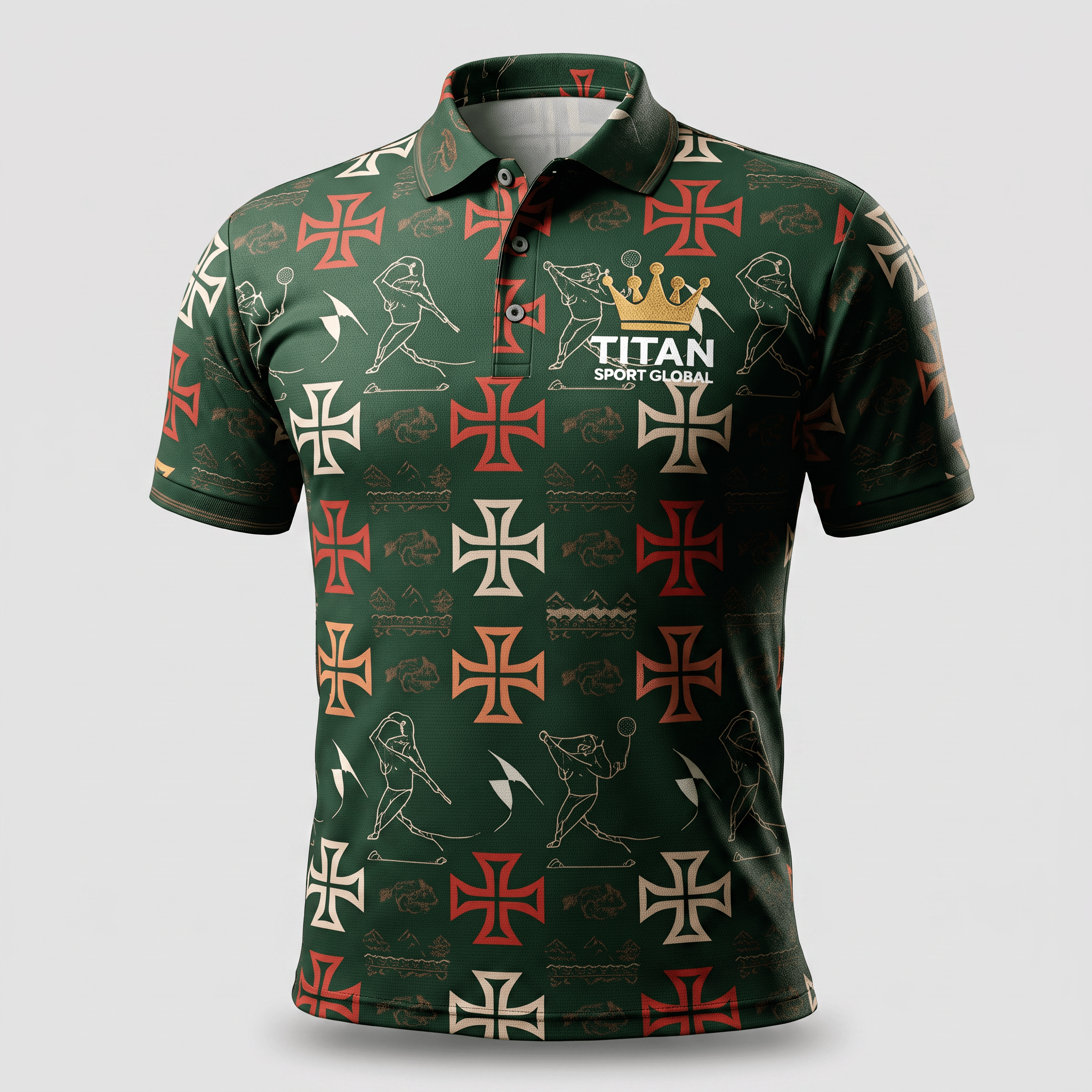Green golf polo with red and white crosses, sport silhouettes, gold crown, and Titan Sport Global logo.