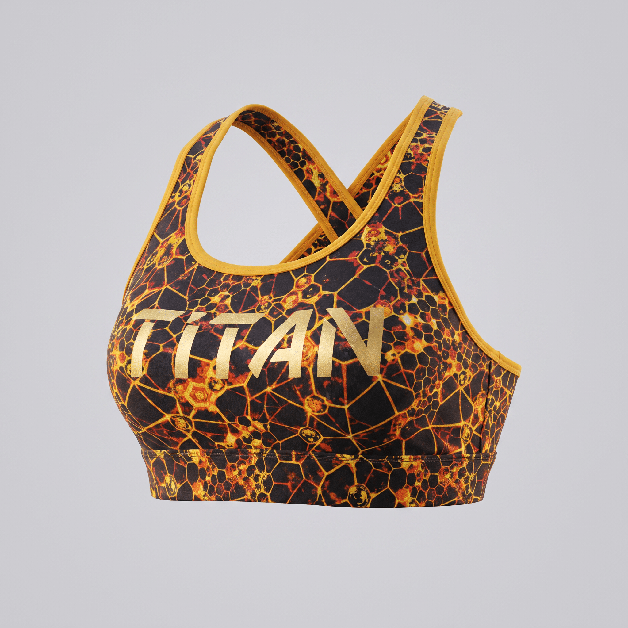 Titan sports bra with yellow trim and orange-black lava print featuring crossed back straps.