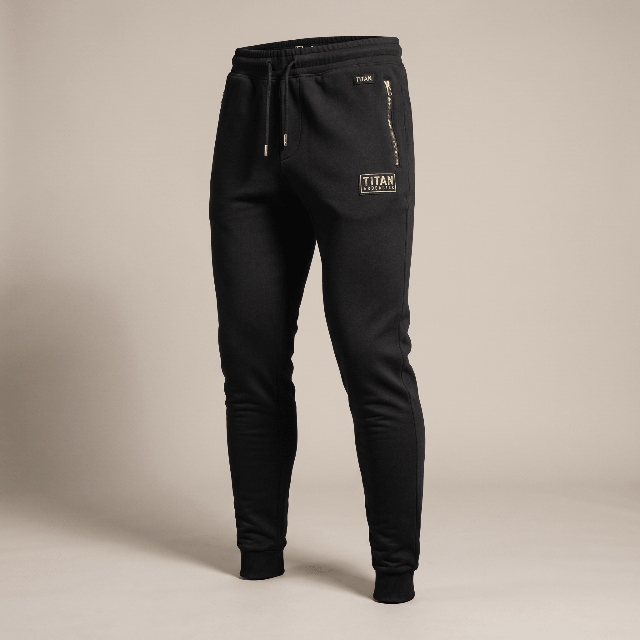 Black Titan jogger sweatpants with zippered pockets and a logo patch on a neutral background.