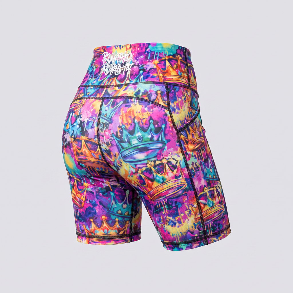 Rear view of colorful multi-colored crown graffiti athletic biker shorts featuring white logo on waistband.
