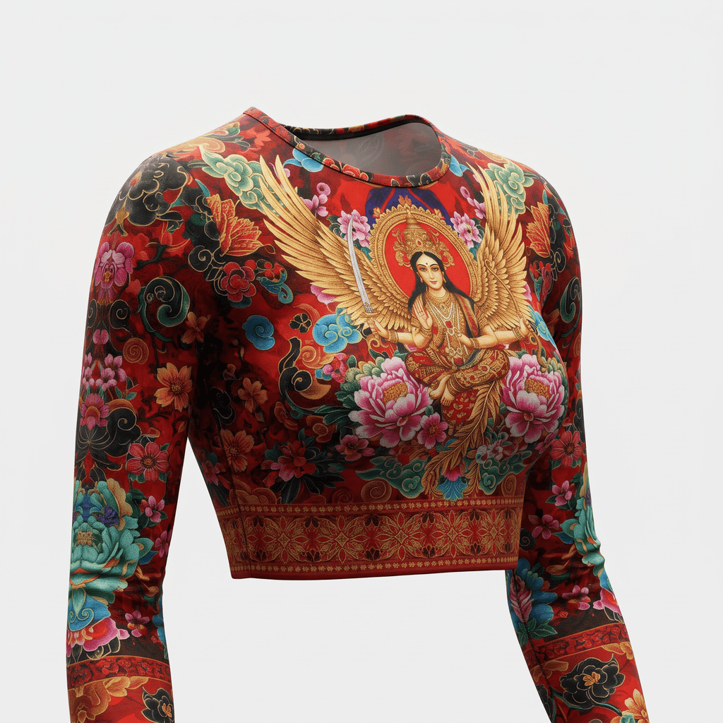 Red long-sleeve crop top with intricate goddess, floral, and wing artwork on a white background.