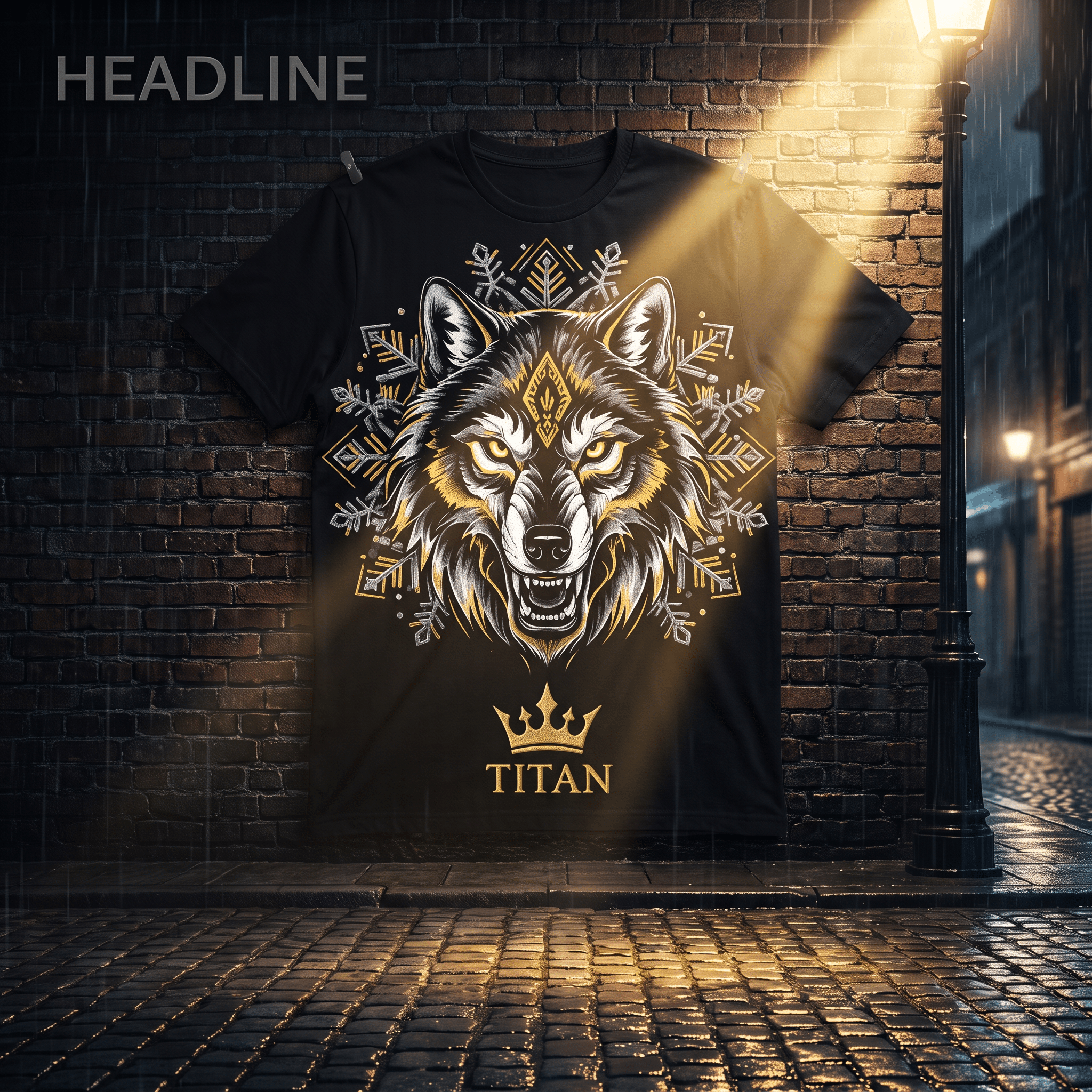Black t-shirt featuring a gold and white wolf head graphic, geometric patterns, a crown icon, and the text "TITAN."