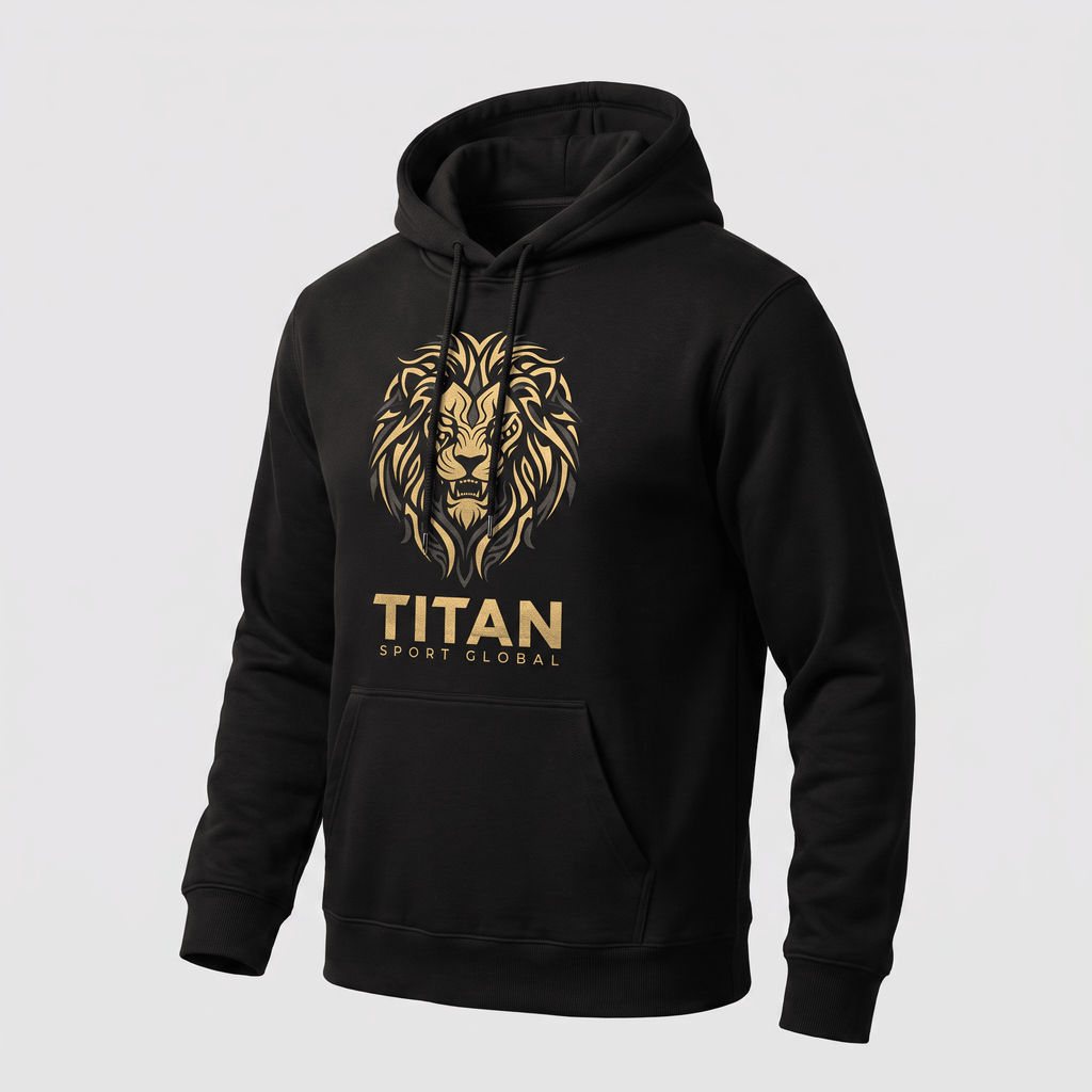 Black hoodie with gold lion graphic and Titan Sport Global text on the front.