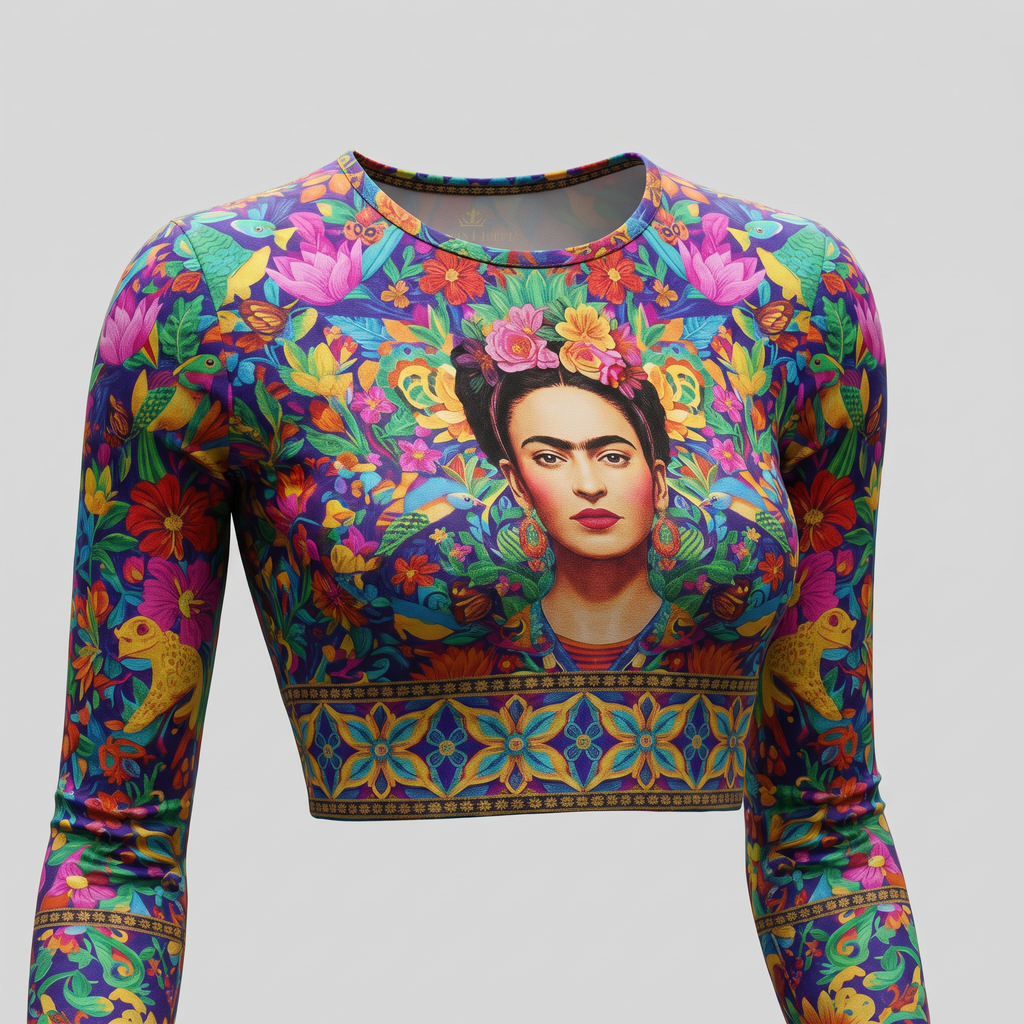 Long-sleeve crop top featuring colorful Frida Kahlo floral and bird print on a purple background.