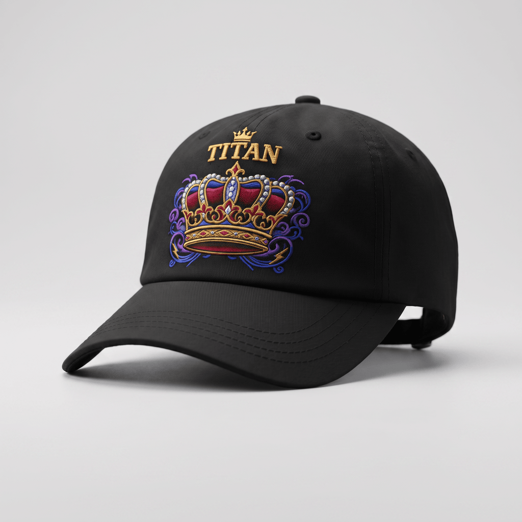 Black dad hat featuring embroidered Titan text and a colorful, ornate crown design on the front panel.