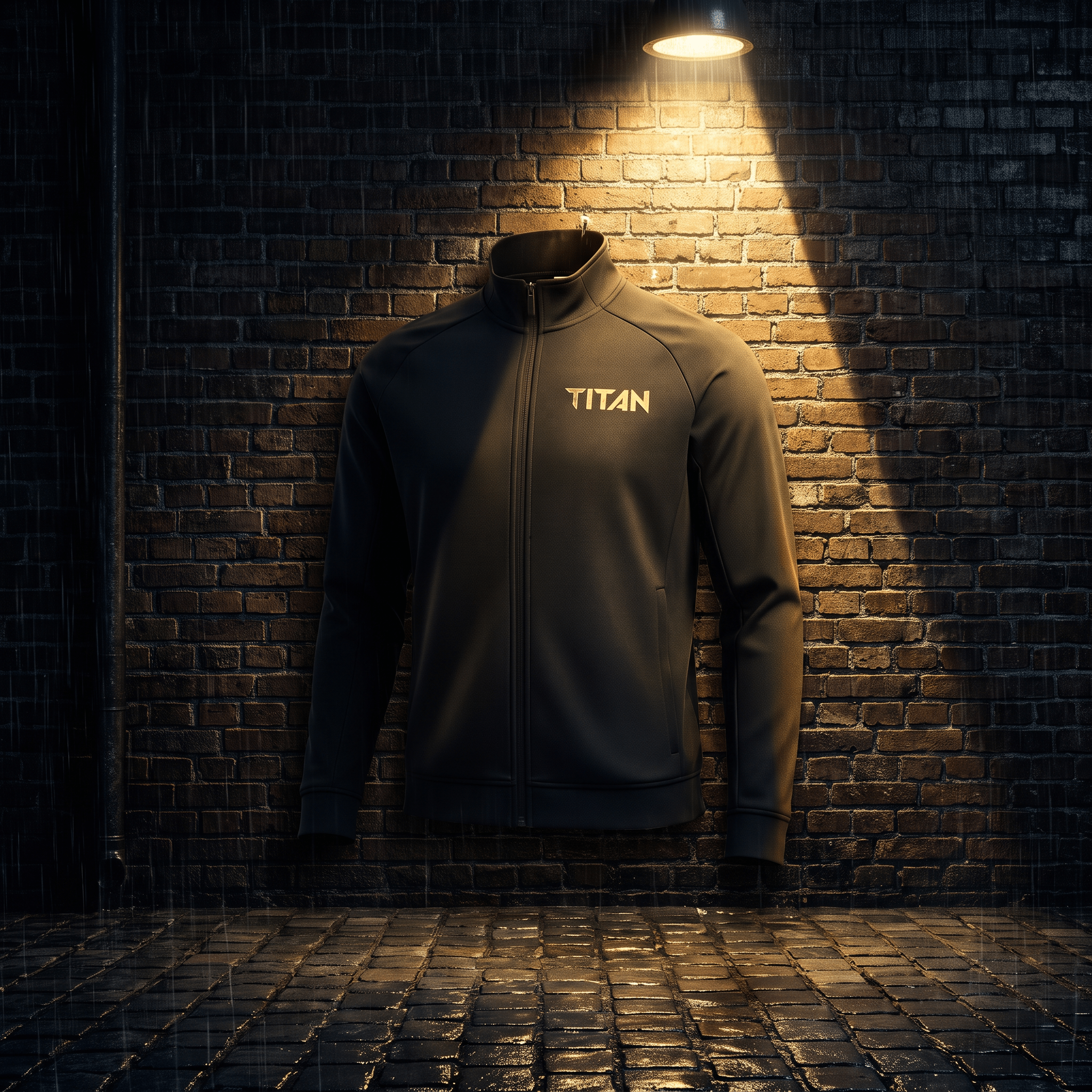 Charcoal grey athletic zip-up jacket with "TITAN" logo on the chest, spotlighted against a dark brick wall.
