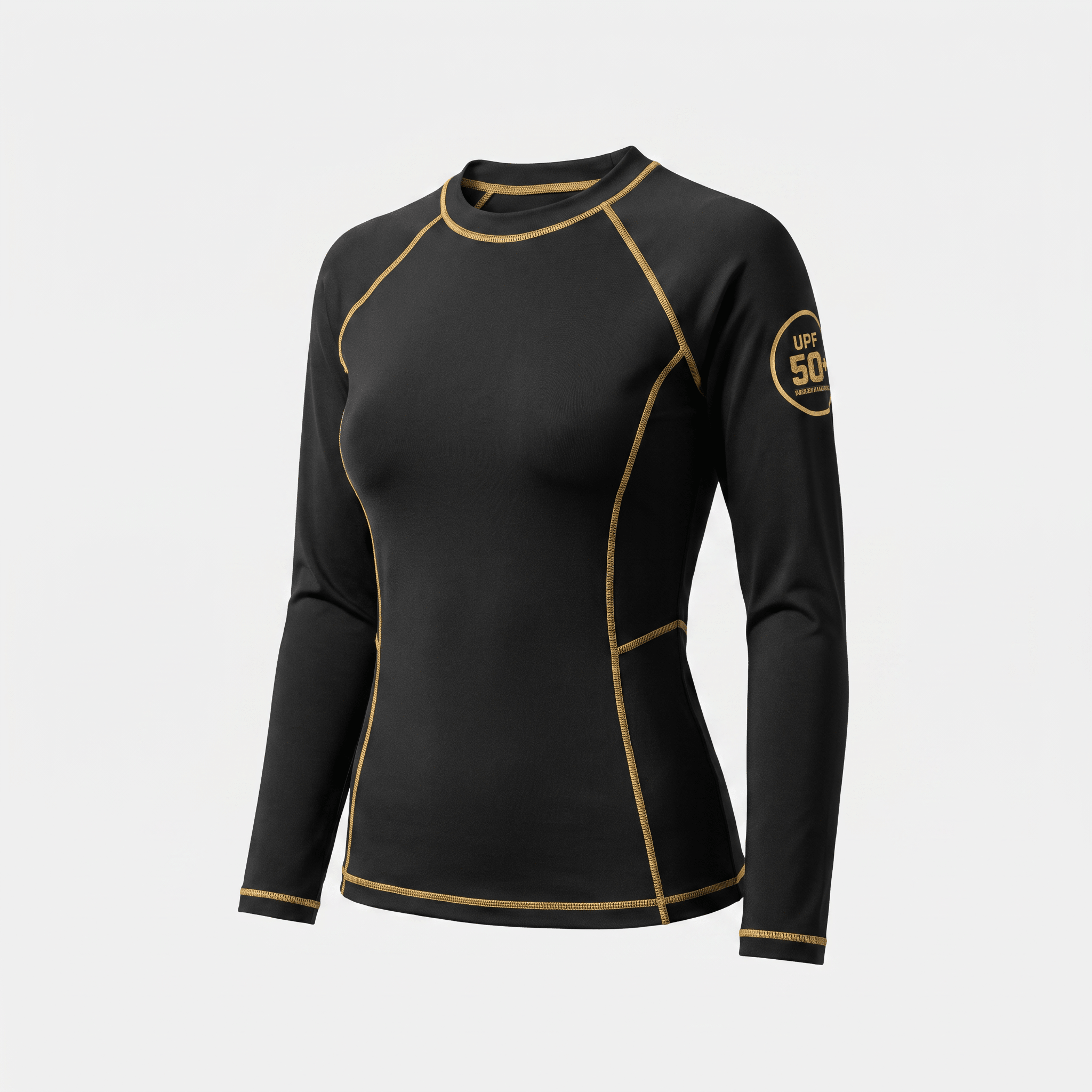 Black long-sleeve rash guard with gold contrast stitching and UPF 50+ sleeve logo on a white background.