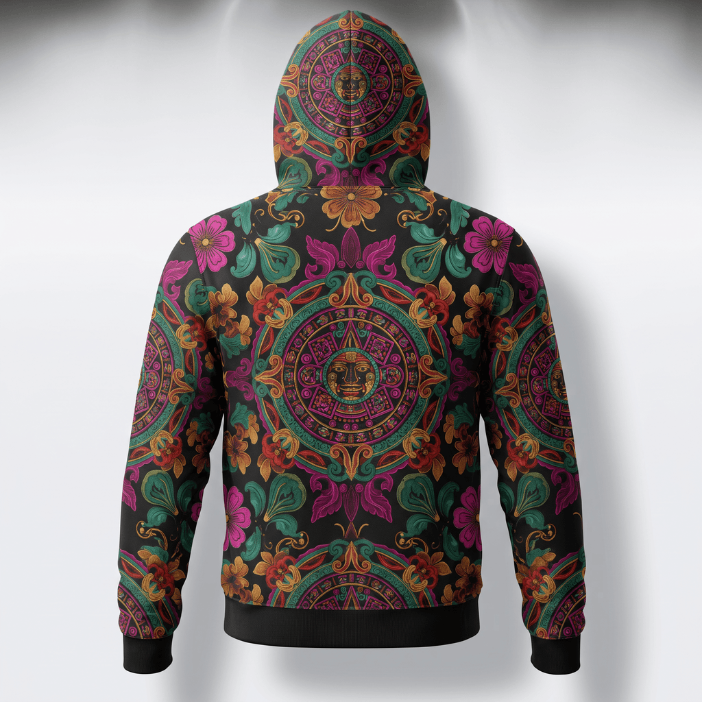 Back view of a black hoodie with colorful Aztec calendar and floral patterns.