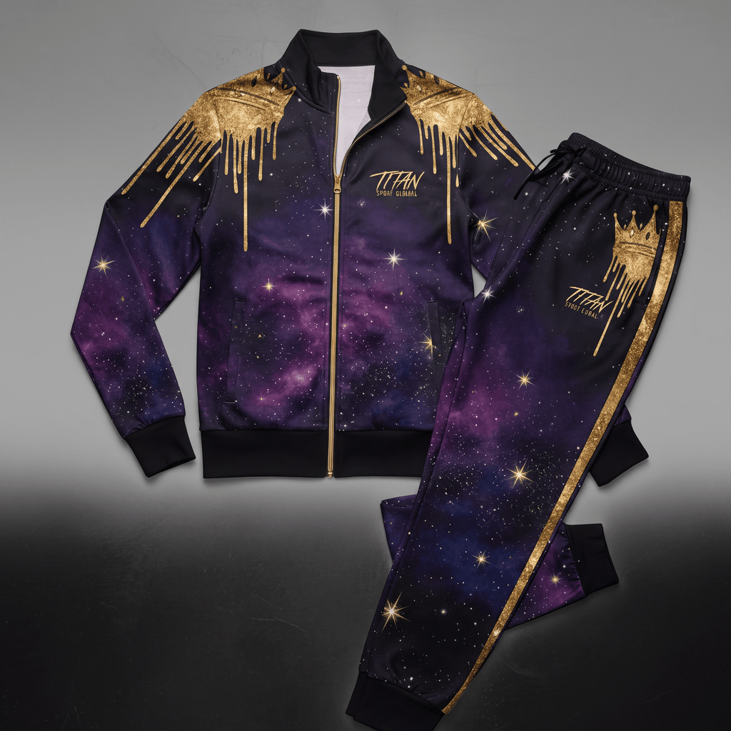 Black and purple galaxy print tracksuit with gold drip details and crown logo on joggers.