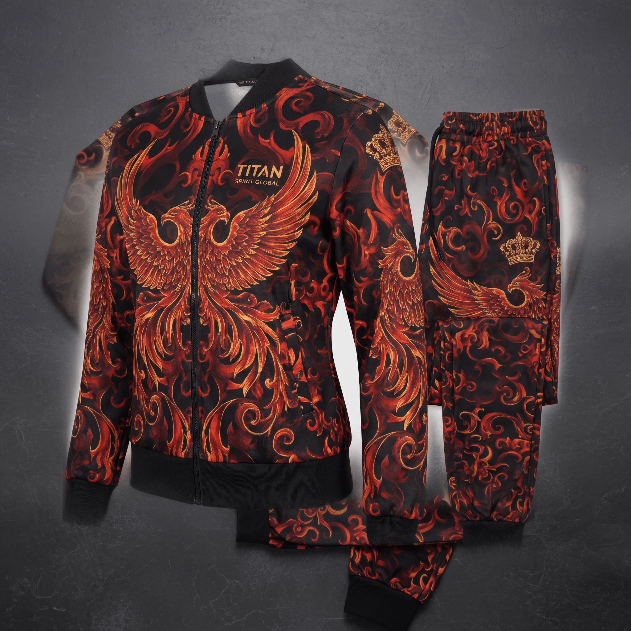 Black and red tracksuit with phoenix flame graphic print, including a zip jacket and matching joggers.