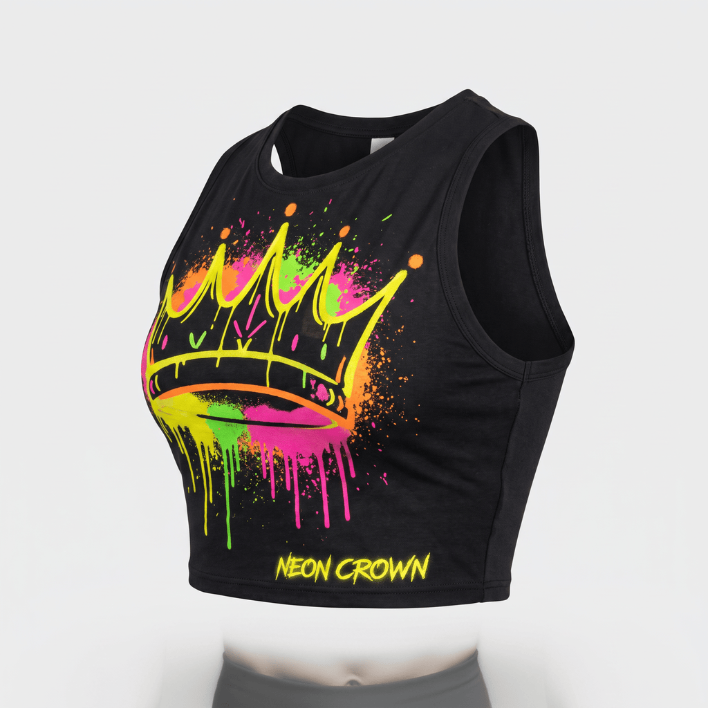 Black crop top featuring a vibrant neon crown graphic with colorful paint splatter effects.