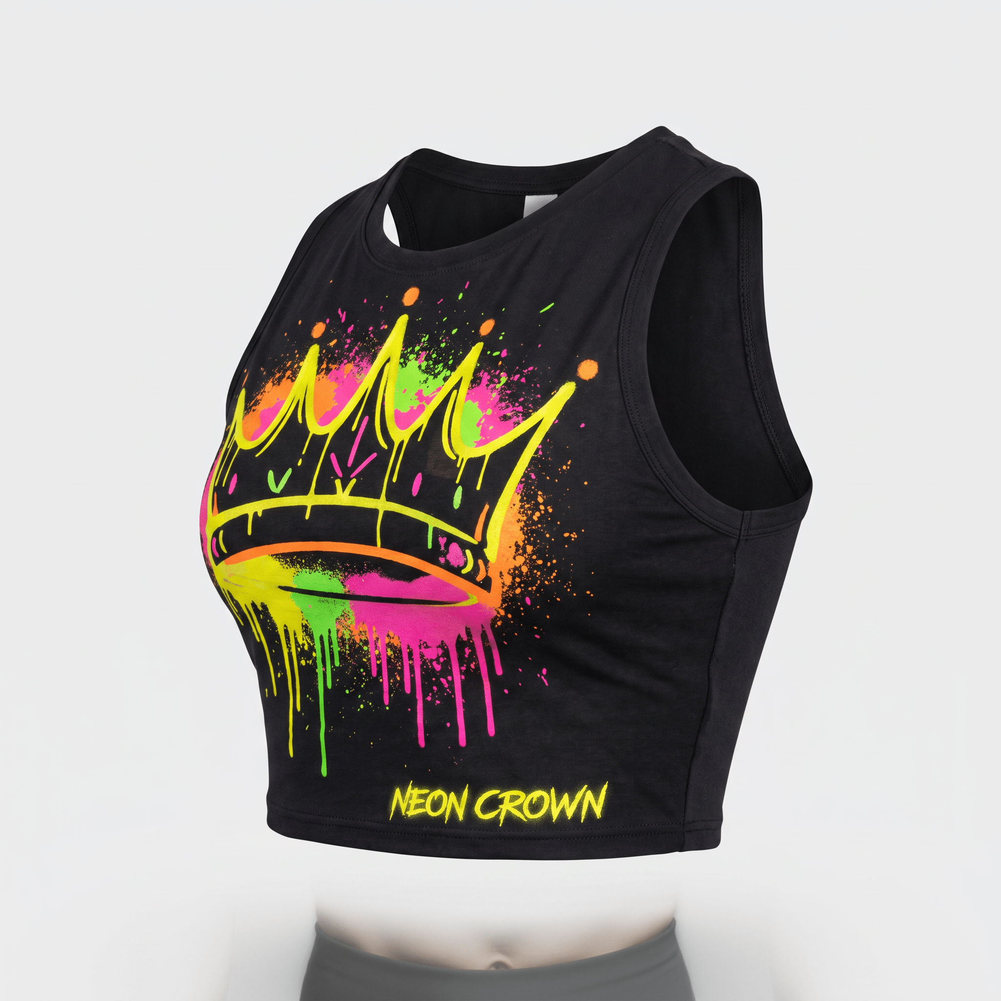 Black crop top featuring a vibrant neon crown graphic with colorful paint splatter effects.