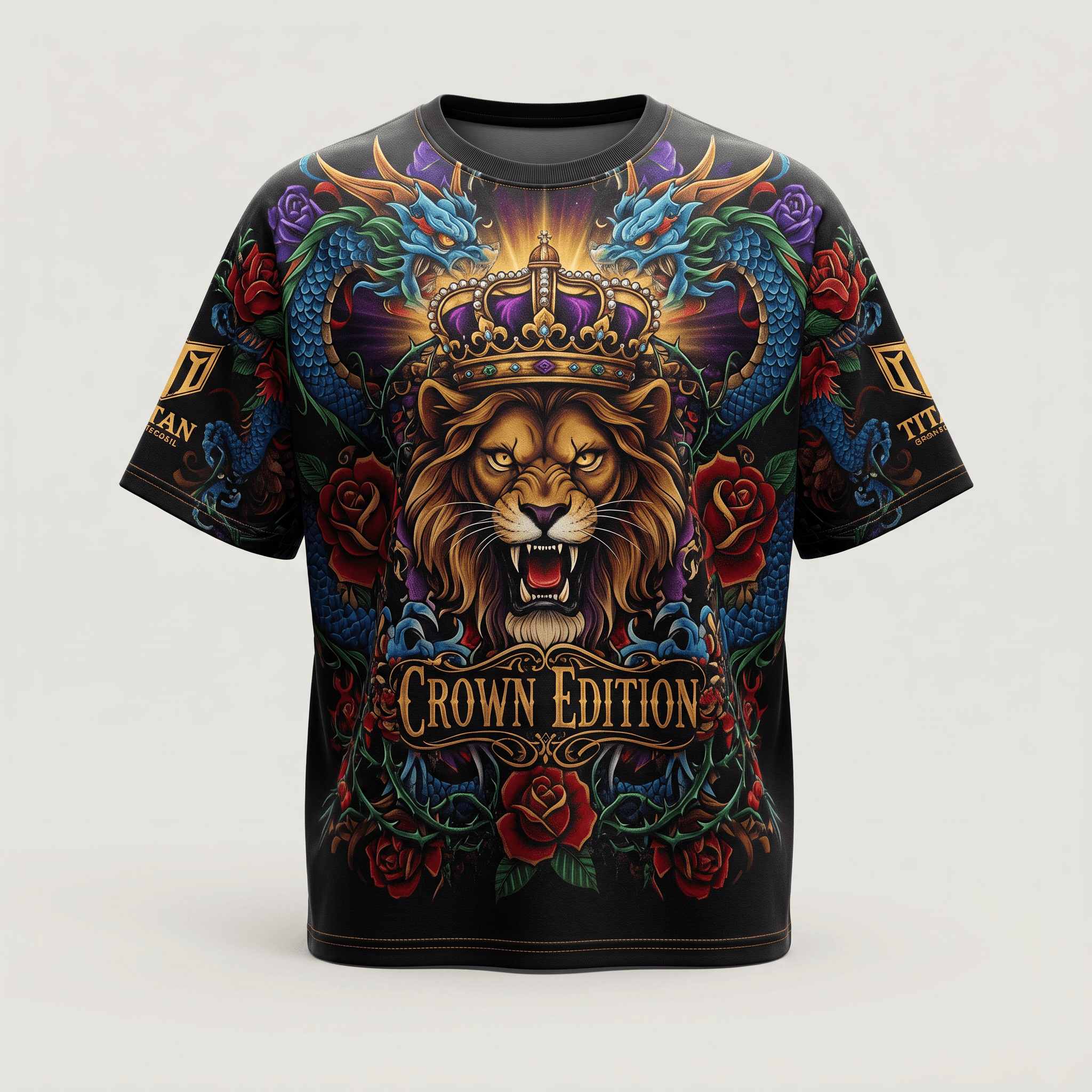 Black t-shirt featuring a detailed graphic of a crowned lion, blue dragons, and red roses.