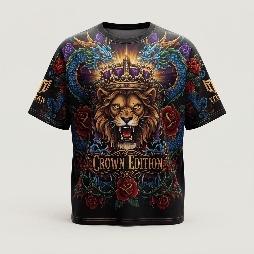 Black t-shirt featuring a detailed graphic of a crowned lion, blue dragons, and red roses.