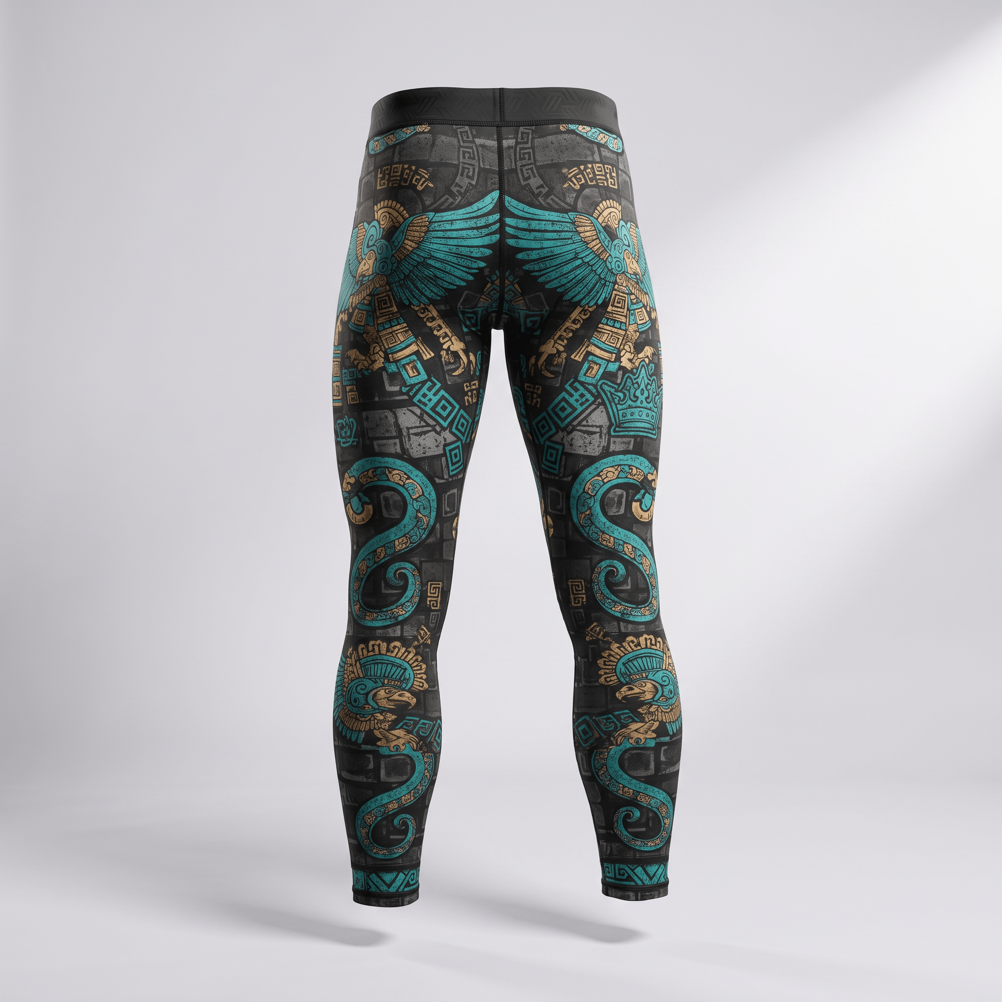 Rear view of grey athletic leggings with turquoise and gold ancient Aztec patterns and winged figures.