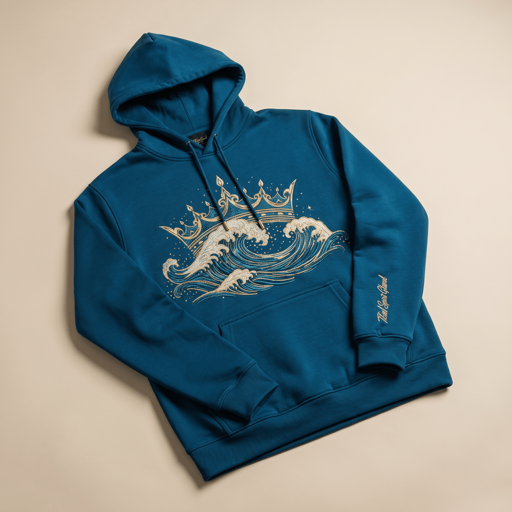Teal hoodie with gold embroidered crown and ocean wave graphic, featuring a front pocket and drawstring hood.