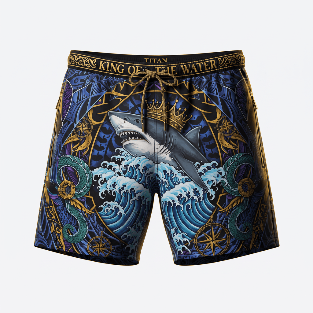 Blue and gold board shorts featuring a crowned shark graphic and King of the Water waistband text.