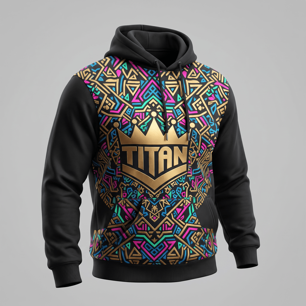 Black hoodie with colorful geometric Aztec pattern chest print and gold Titan crown logo.
