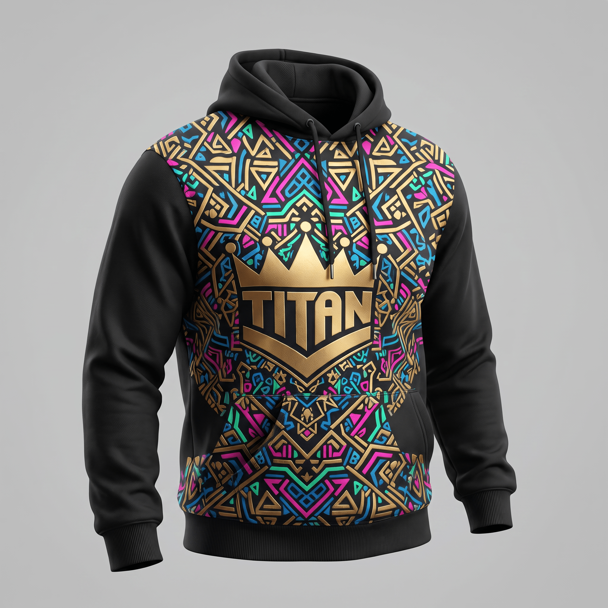 Black hoodie with colorful geometric Aztec pattern chest print and gold Titan crown logo.