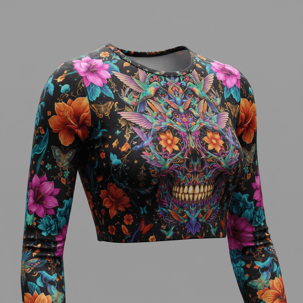 Black long-sleeve crop top with colorful floral, hummingbird, and skull graphic print.