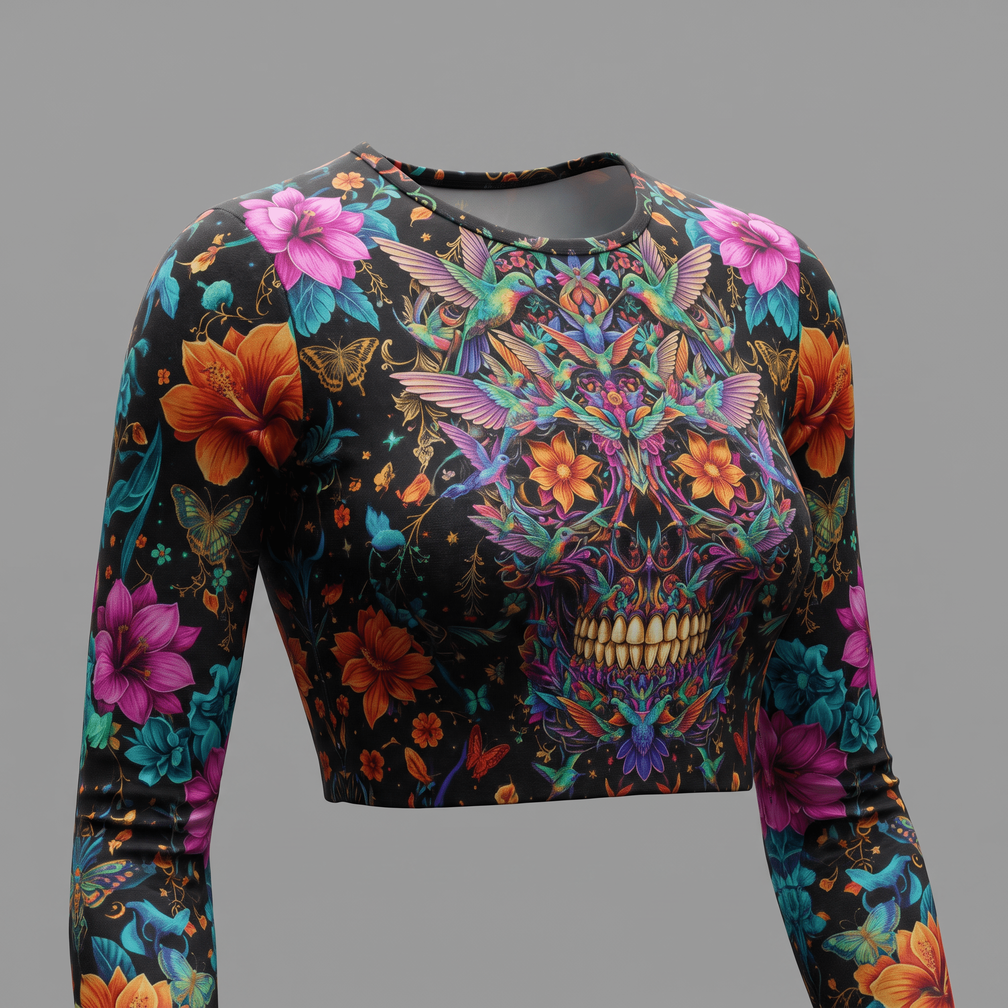 Black long-sleeve crop top with colorful floral, hummingbird, and skull graphic print.
