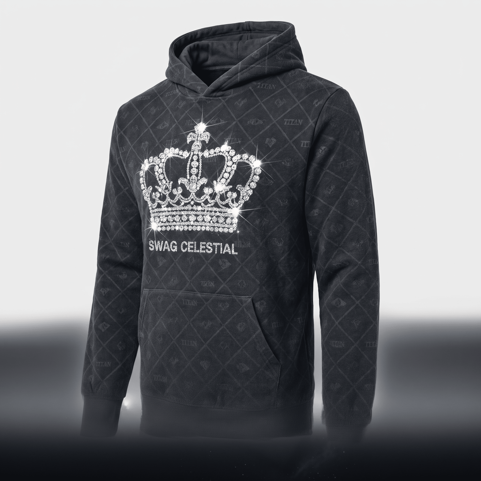 Black hoodie with embossed diamond pattern, rhinestone crown graphic, and Swag Celestial text.