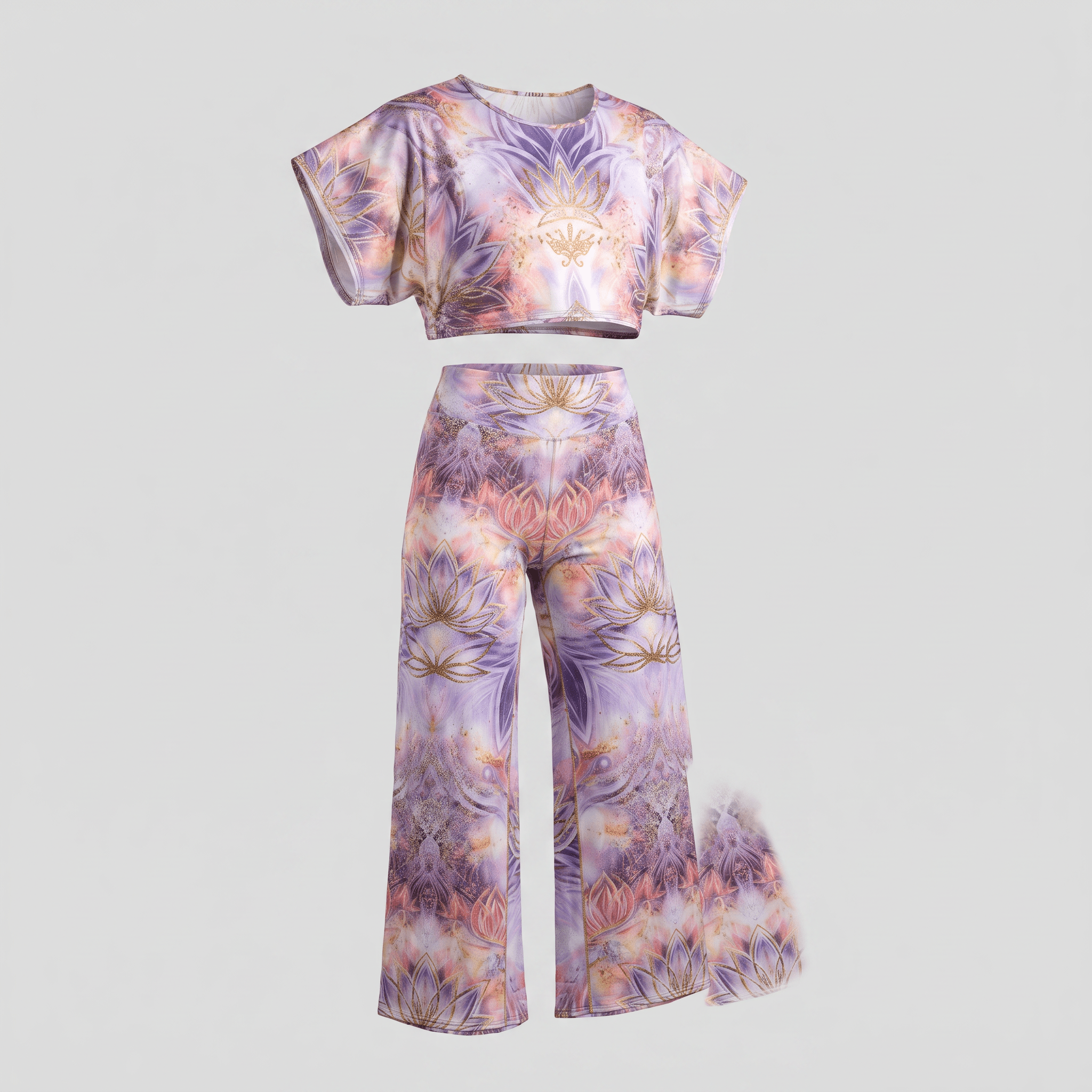 Purple and gold lotus print two-piece lounge set featuring a crop top and wide-leg pants.