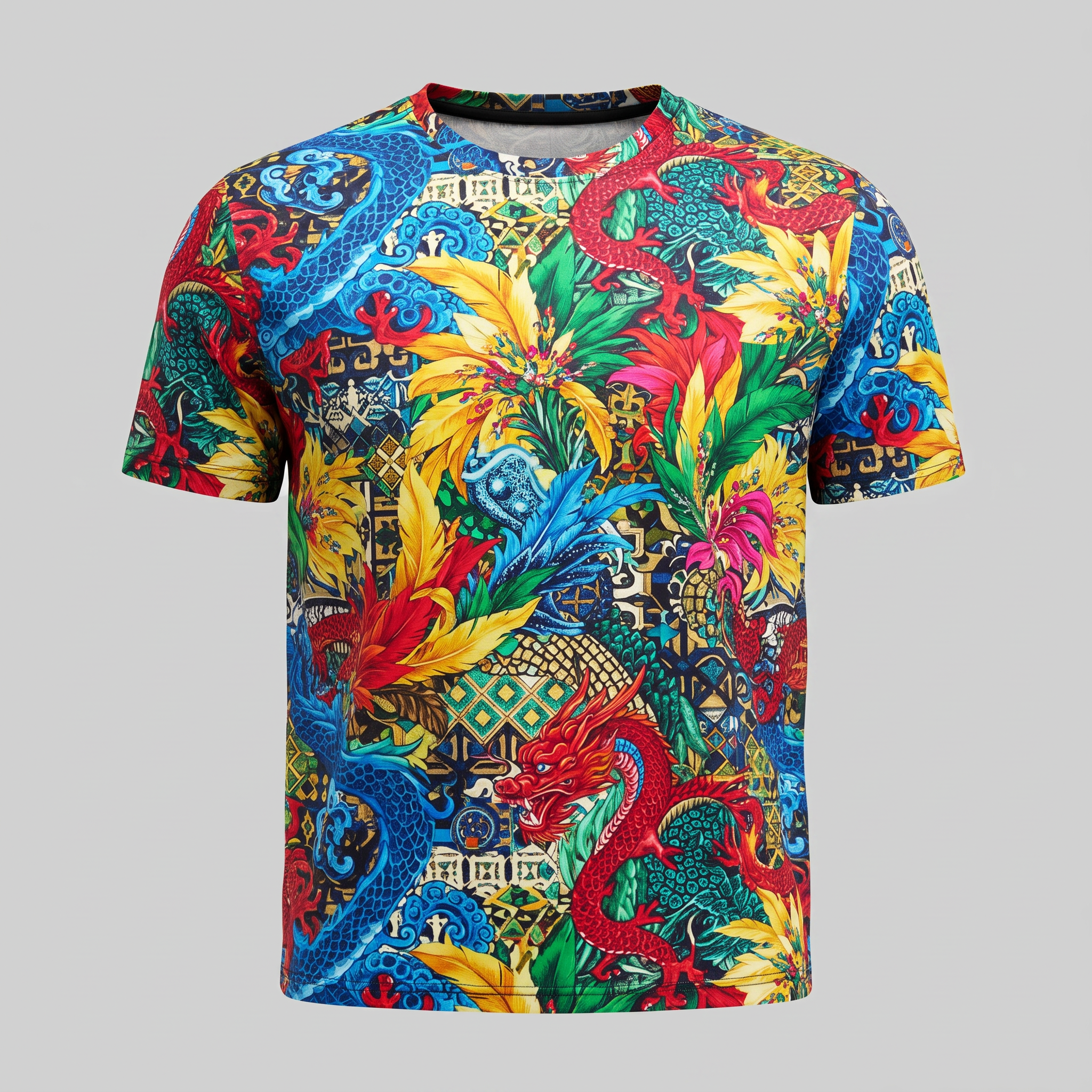 Vibrant multi-color t-shirt featuring an all-over print of red and blue dragons, tropical flowers, and geometric patterns.