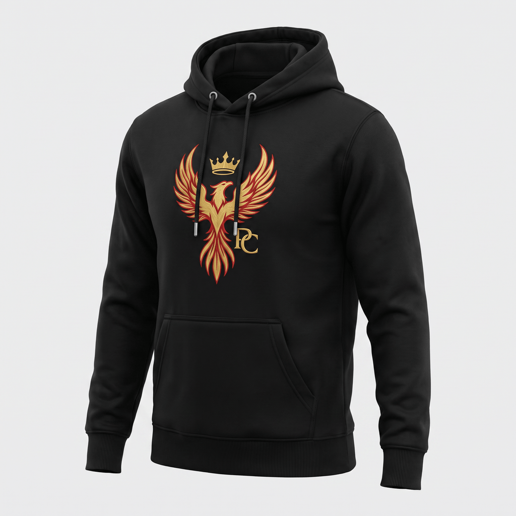Black pullover hoodie with a red and gold crowned phoenix logo on the chest.