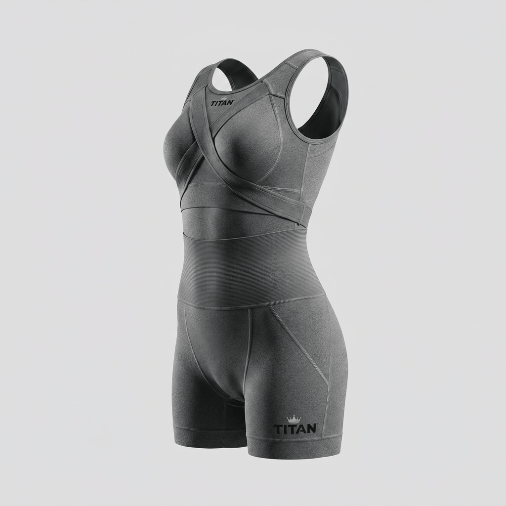 Titan grey athletic compression bodysuit with crisscross top and high waist shorts.