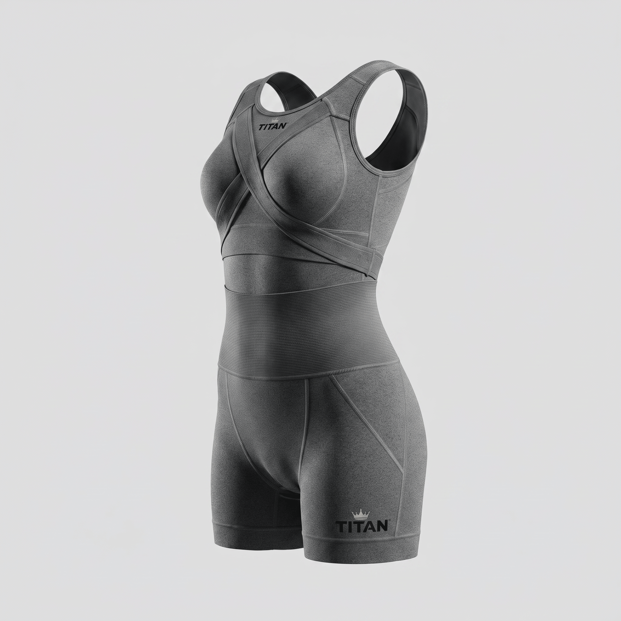 Grey athletic crop top and high-waisted shorts set with crisscross strap detailing and Titan branding.