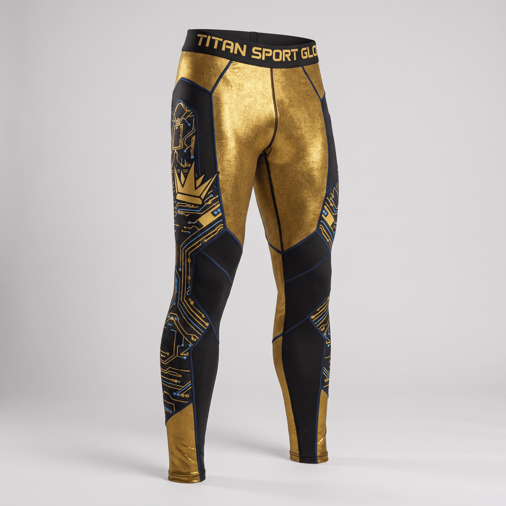 Titan Sport Gold athletic tights in metallic gold and black with a circuit board design.