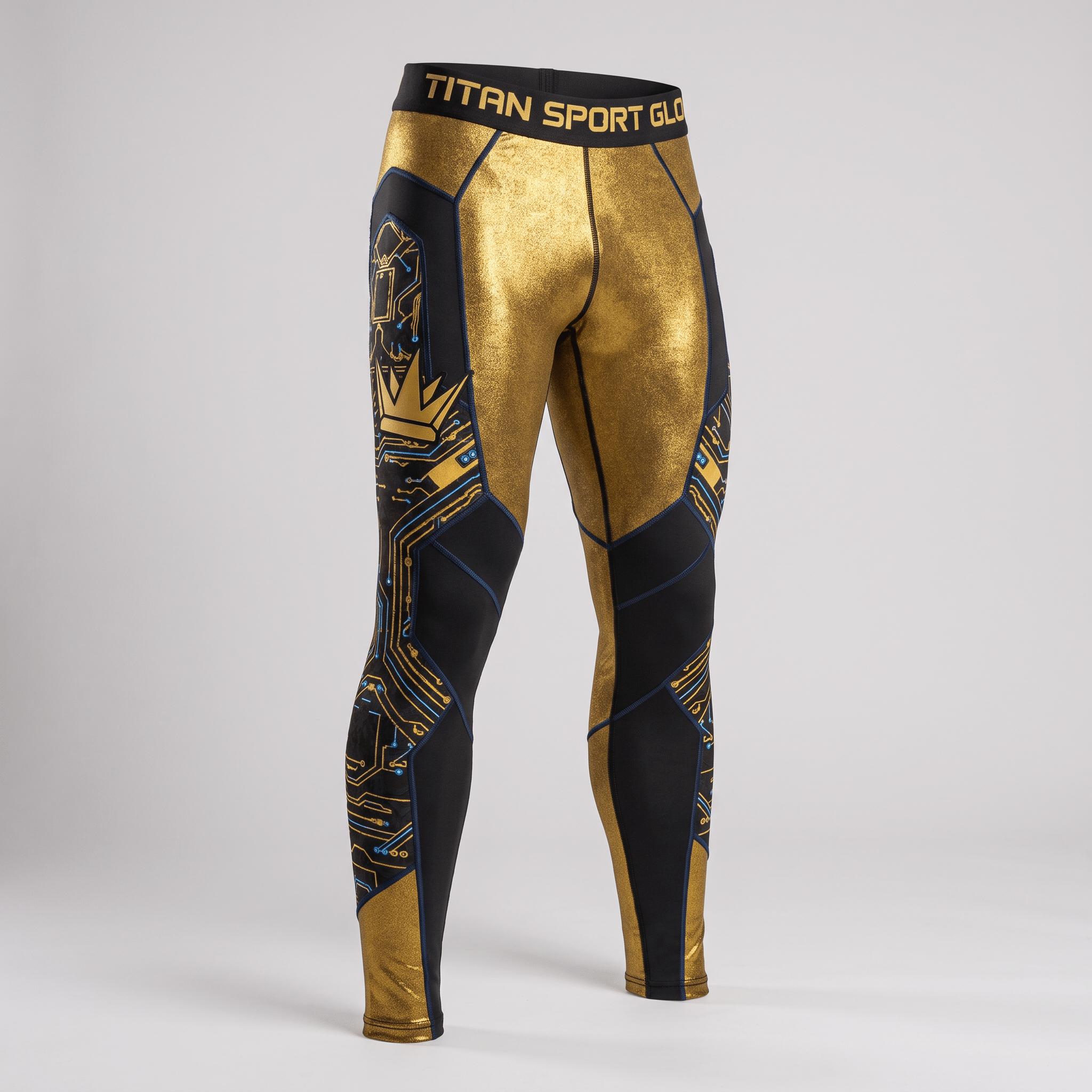 Titan Sport Gold athletic tights in metallic gold and black with a circuit board design.