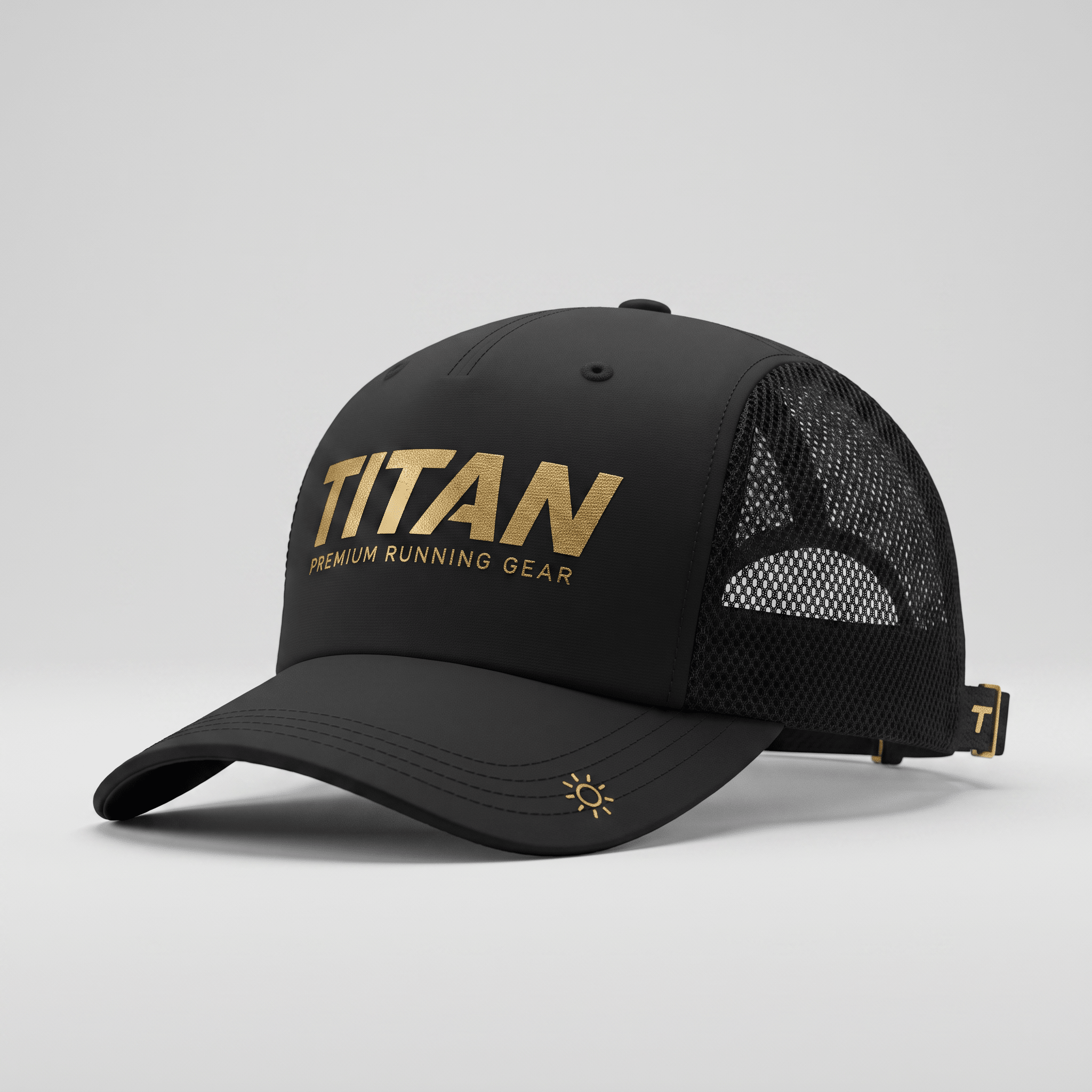 Black and gold Titan running trucker hat with mesh back panels and a gold sun logo on the brim.