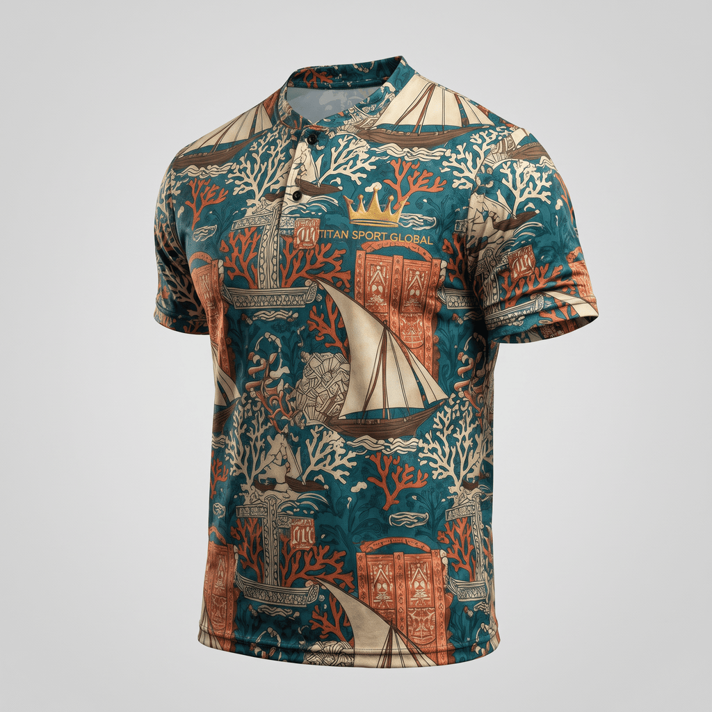 Teal polo shirt with nautical pattern featuring sailboats, coral, and ancient ruins.