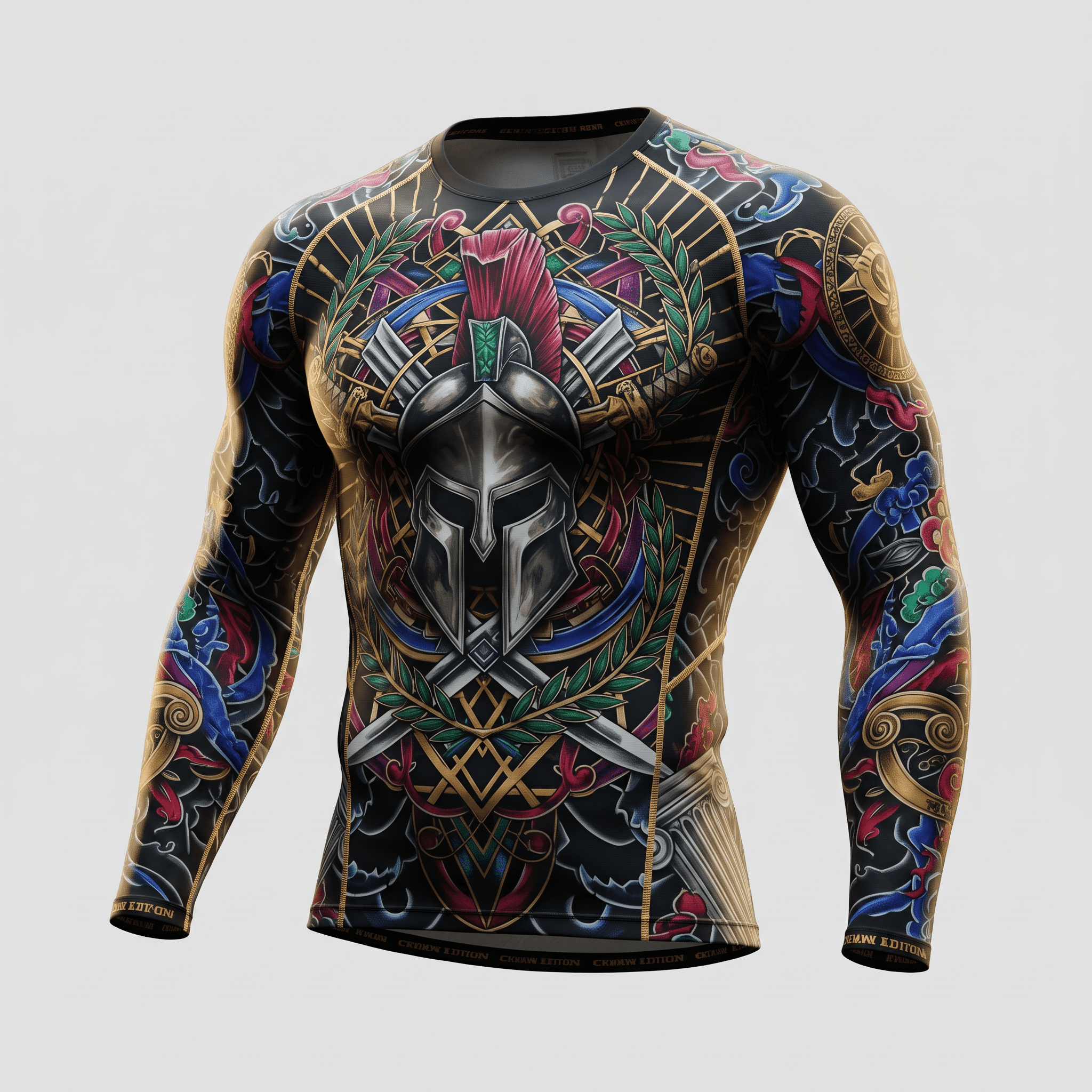Black long-sleeve rash guard featuring a colorful Spartan helmet, swords, and ornate neo-traditional tattoo art.