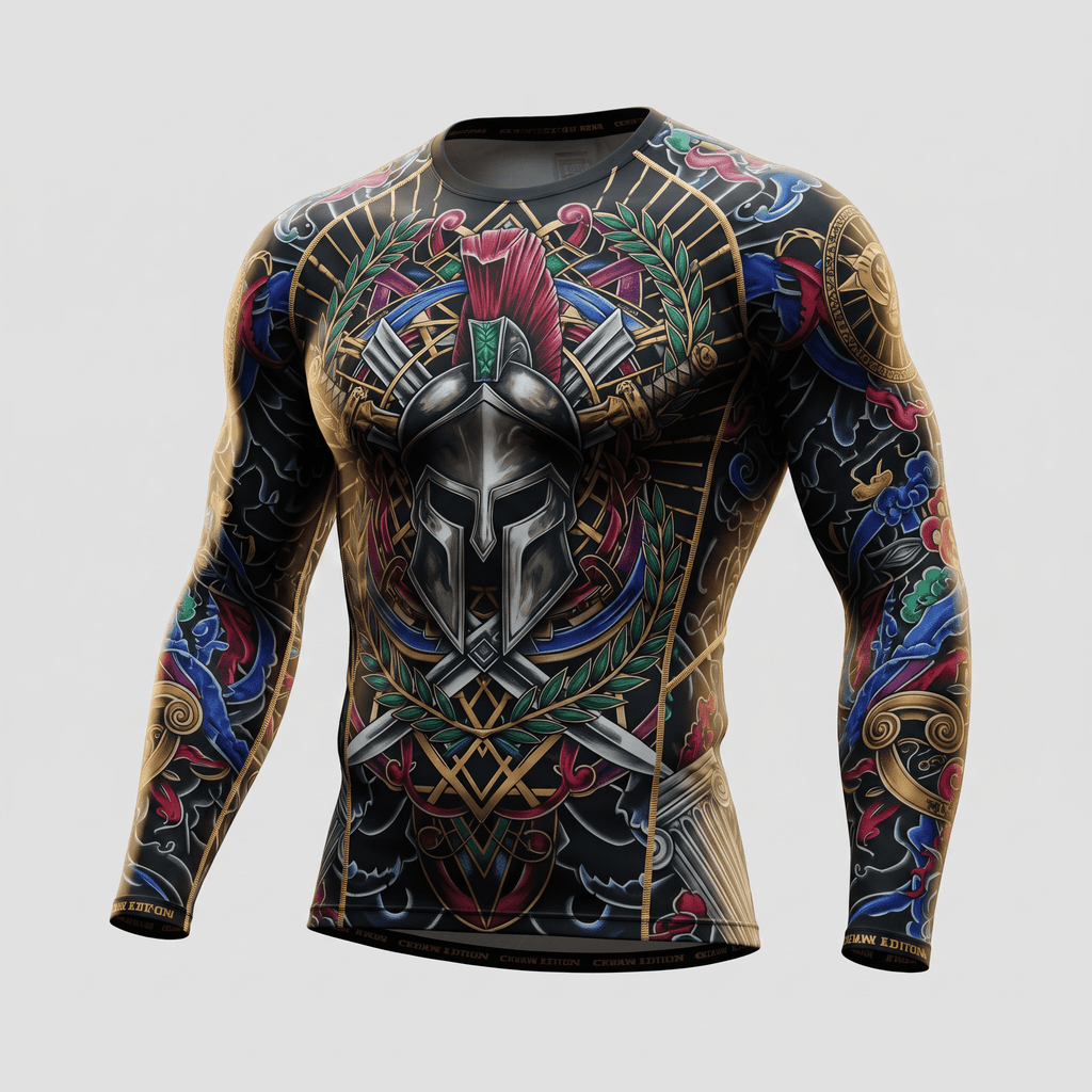 Black long-sleeve rash guard featuring a detailed Spartan helmet and baroque tattoo art design.