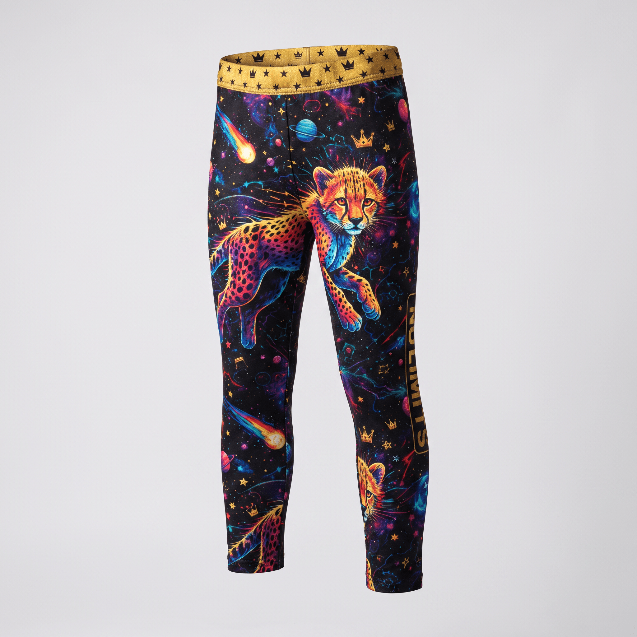 Black athletic leggings featuring a vibrant cosmic cheetah print, colorful galaxy graphics, and gold waistband.