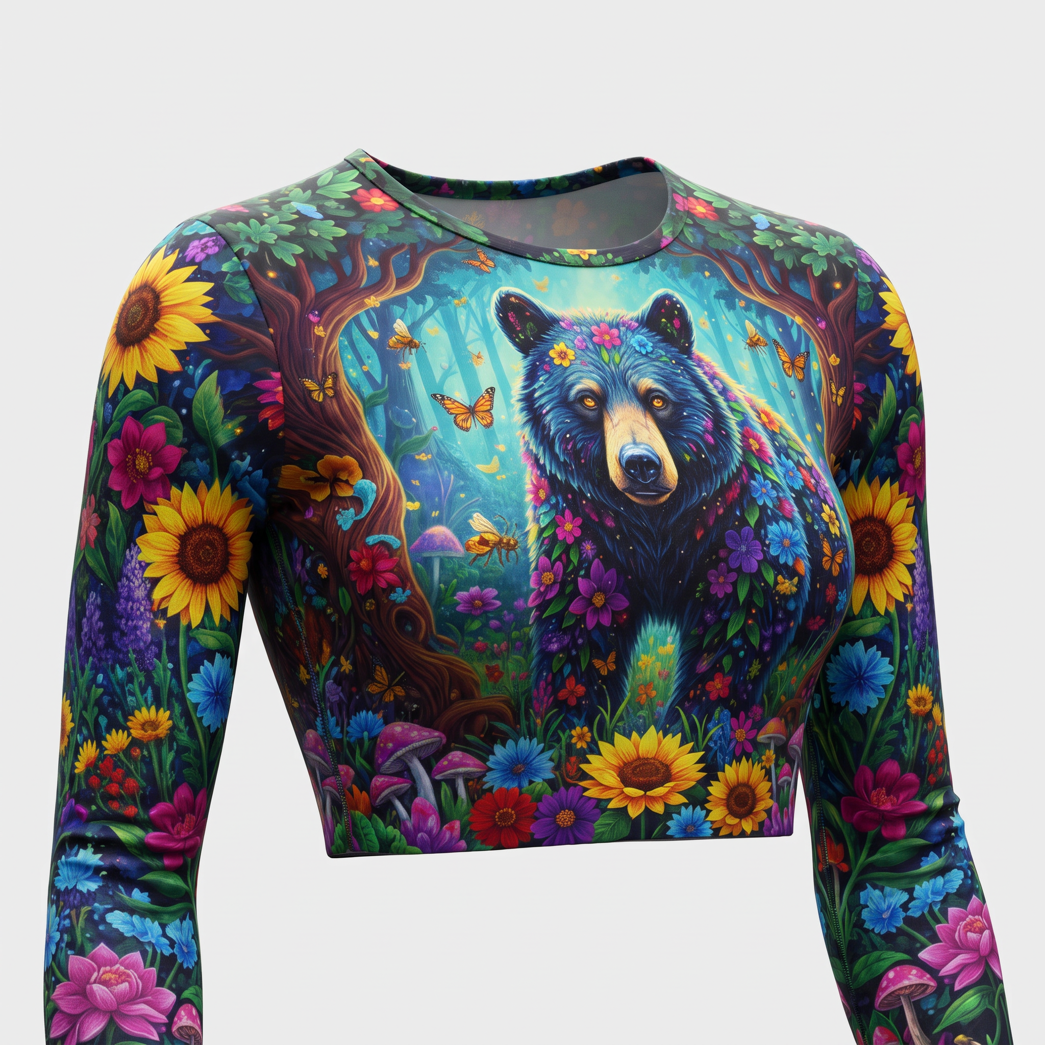 Colorful long sleeve crop top featuring a mystical bear and magical forest flower print.
