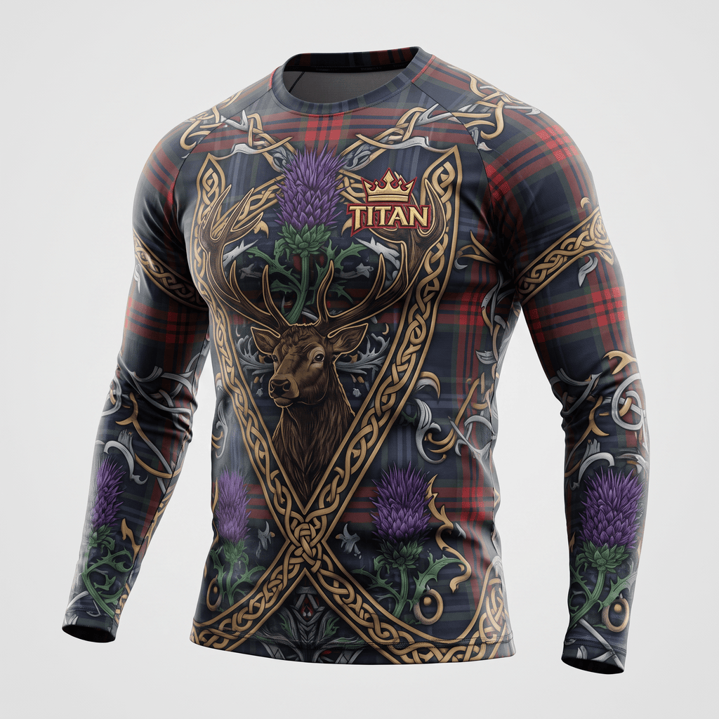 Long-sleeve compression shirt featuring Scottish tartan, a stag graphic, purple thistle flowers, and golden Celtic knotwork.