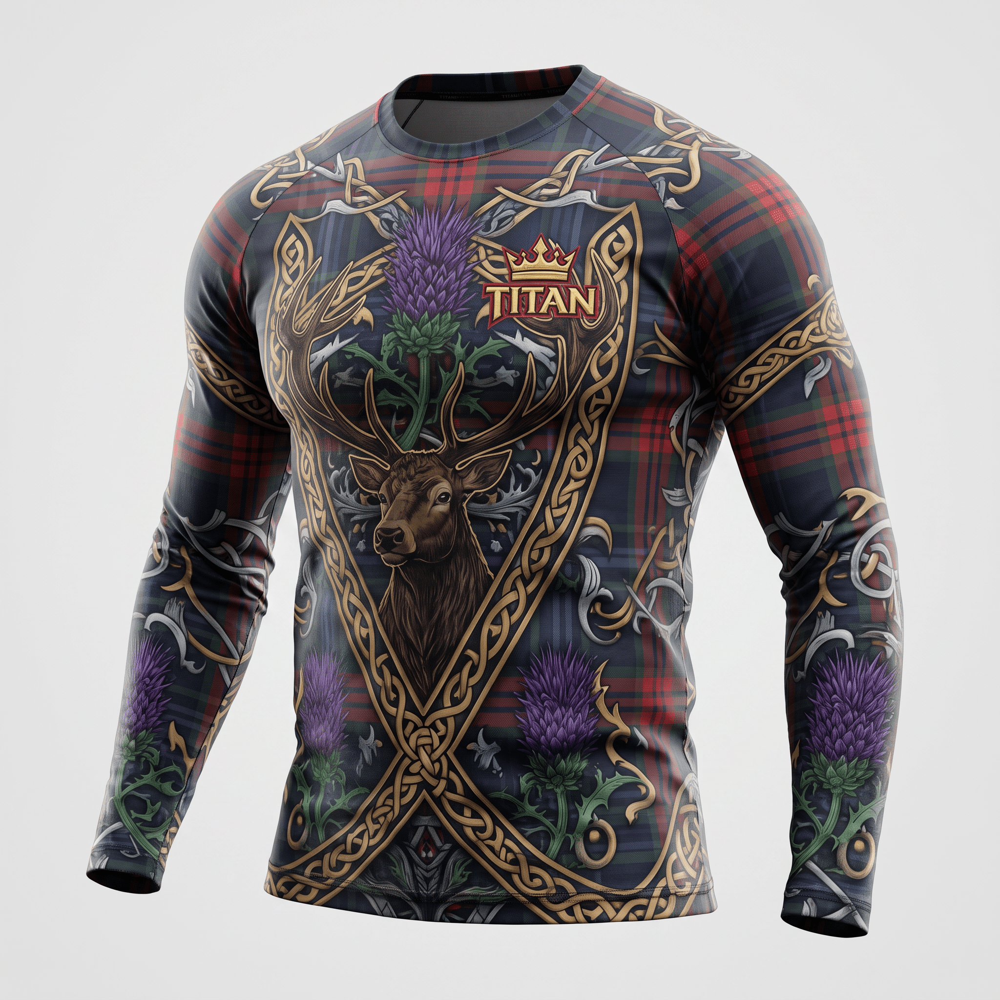 Long-sleeve compression shirt featuring Scottish tartan, a stag graphic, purple thistle flowers, and golden Celtic knotwork.